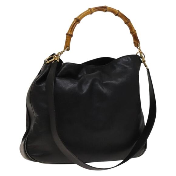 GUCCI Bamboo Shoulder Bag Leather Black Gold 001 001 - Picture 1 of 16